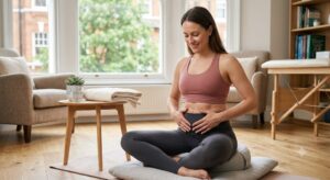 Post natal woman practicing gentle diaphragmatic breathing for core and C-section recovery