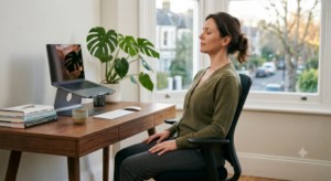 A woman sitting upright in an ergonomic office chair with her eyes closed, practicing a breathing exercise at a wooden desk with a laptop on a stand