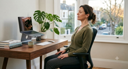 A woman sitting upright in an ergonomic office chair with her eyes closed, practicing a breathing exercise at a wooden desk with a laptop on a stand